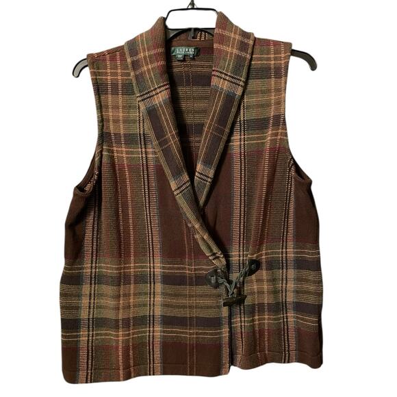 Lauren Ralph Lauren Brown Plaid Cotton Vest 2X Toggle Button - Picture 2 of 6
